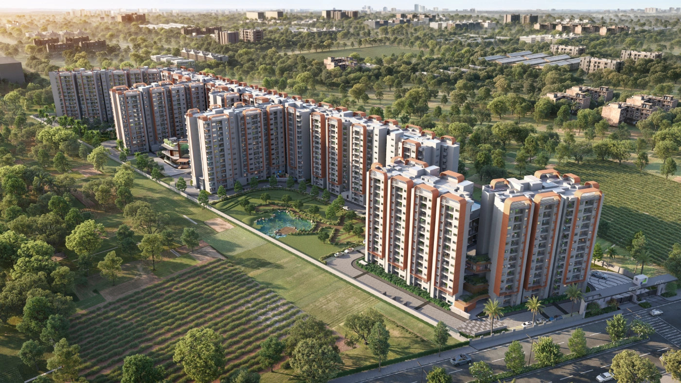 TVS Emerald Altura aerial architectural rendering with apartment towers and landscaped surroundings