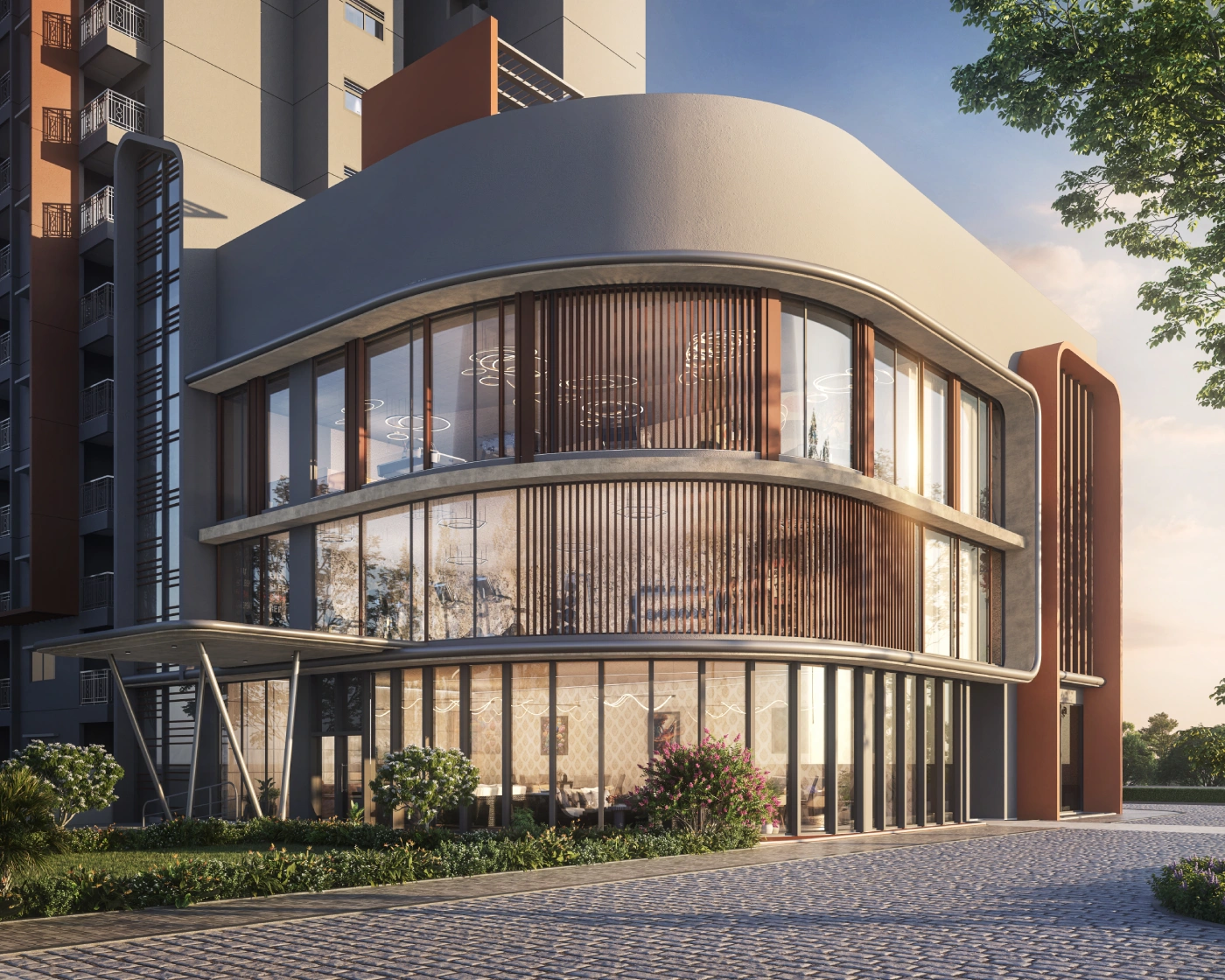 Developer rendering of TVS Emerald Altura’s glass-fronted clubhouse