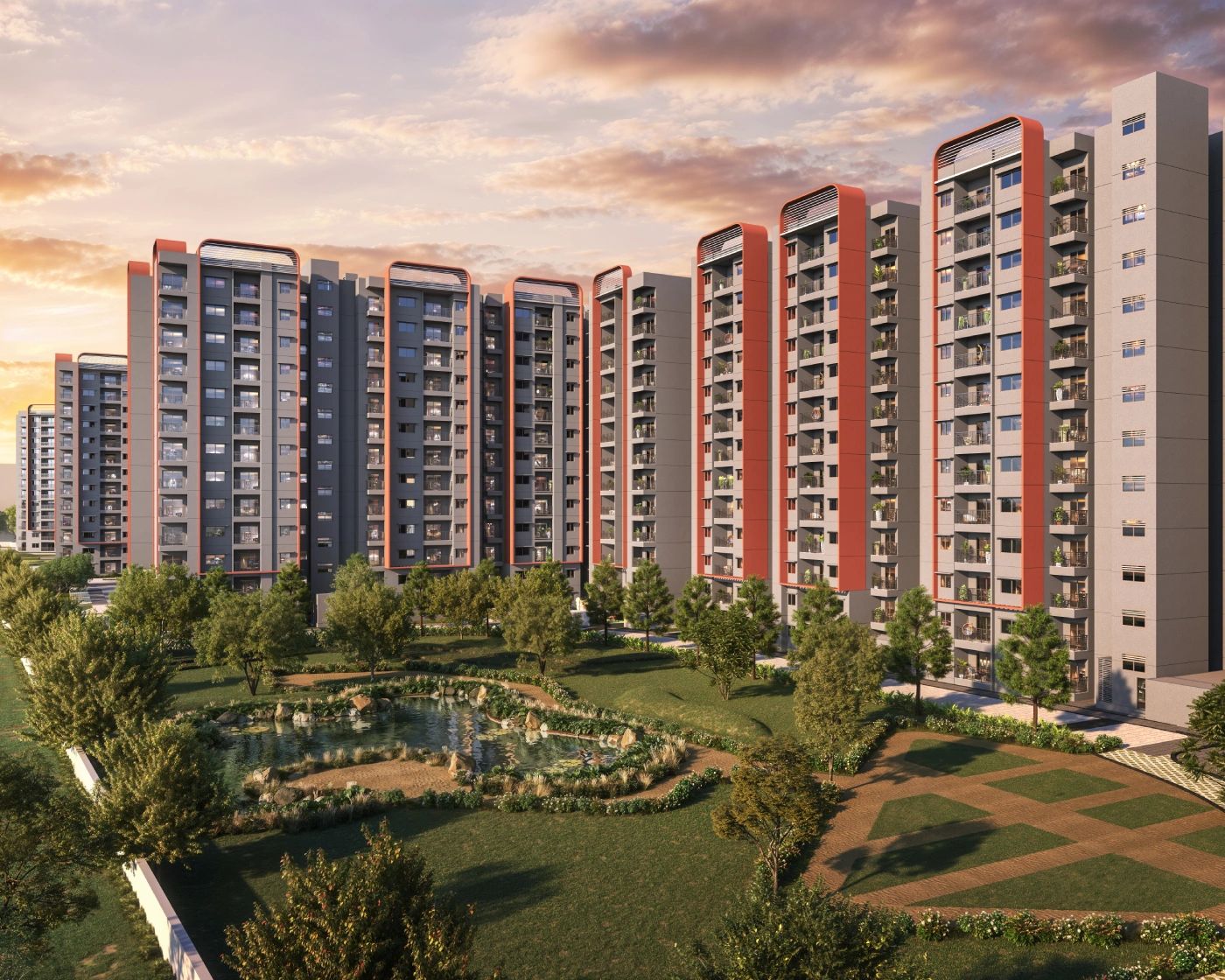 Altura apartment elevation overlooking landscaping and a man-made water body